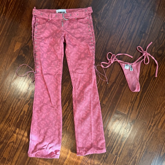 Print Monogram Denim Low Rise Lace Up Jeans with Dick Dollar Print Denim Thong - Picture 5 of 8